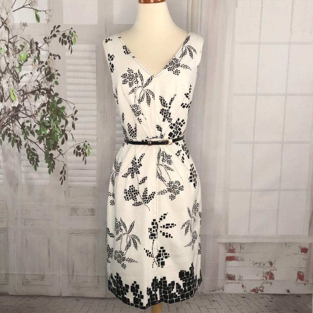Donna Morgan 14 Sheath Dress V-neck Career Belted Floral White Black Sleeveless